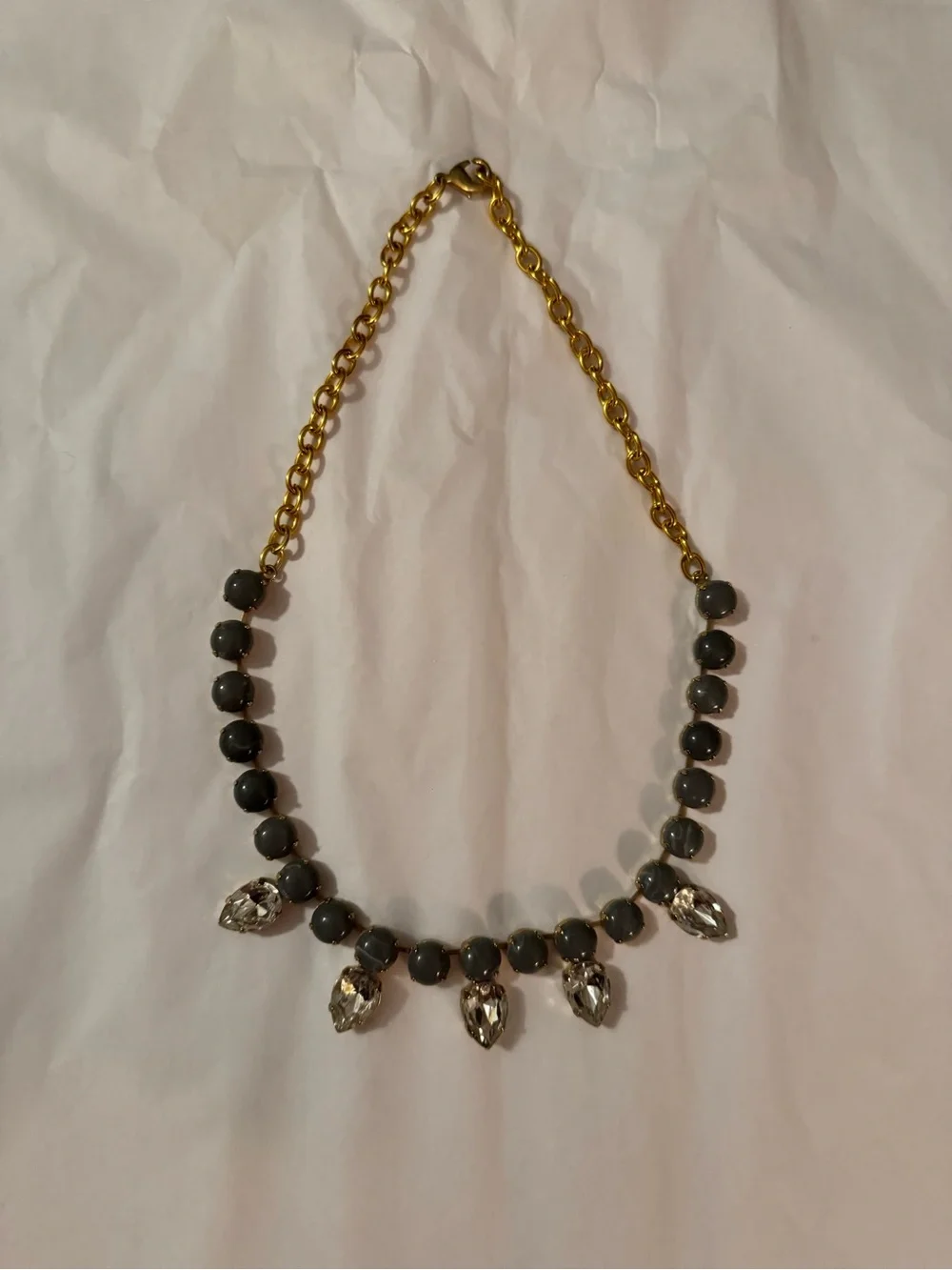 Gold Chain Necklace with Gray Beads and Crystal Pendants